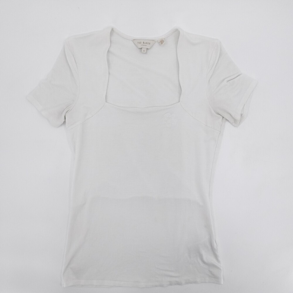 Ted Baker Shirt Womens 1 White Blouse Short Sleeve Square Neck